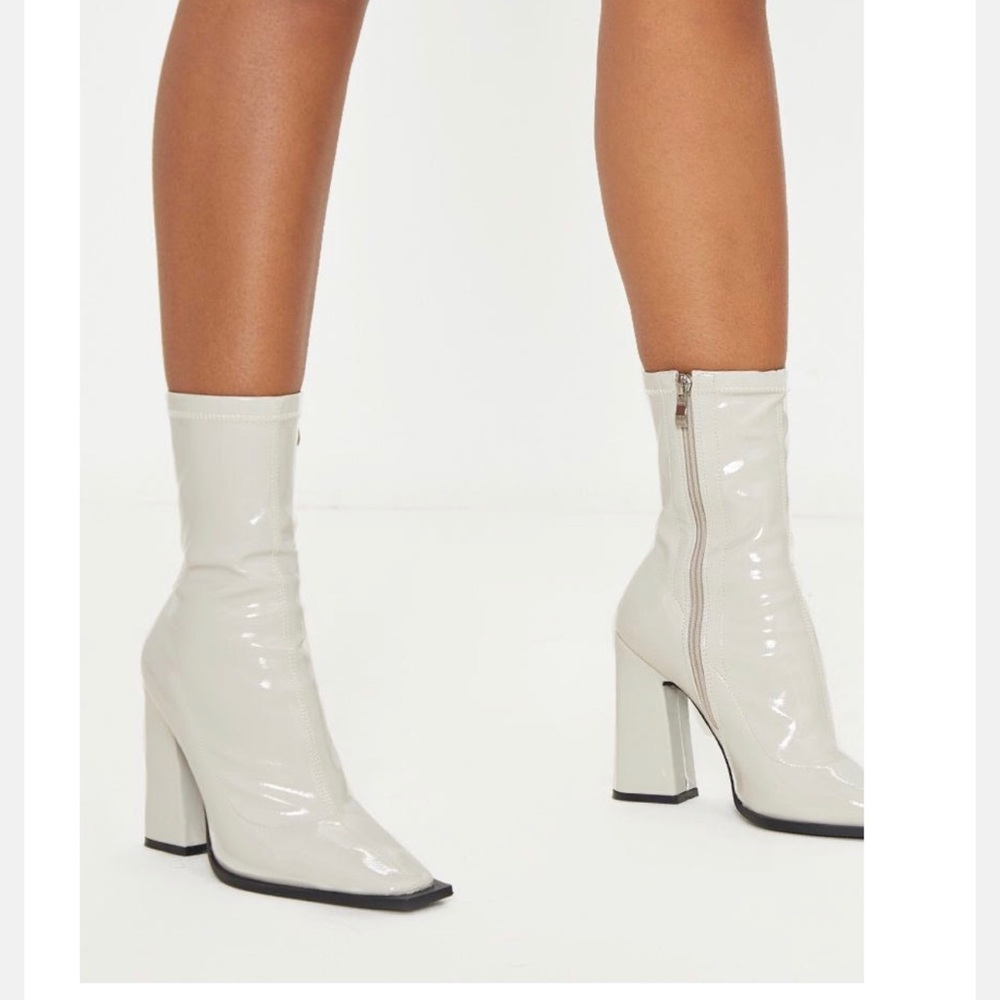 Off white square toe block heel ankle sock boots